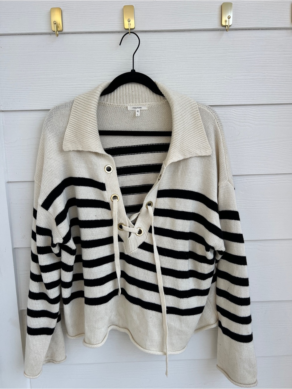 Maurices Cream & Black Striped Lace-Up V-Neck Sweater